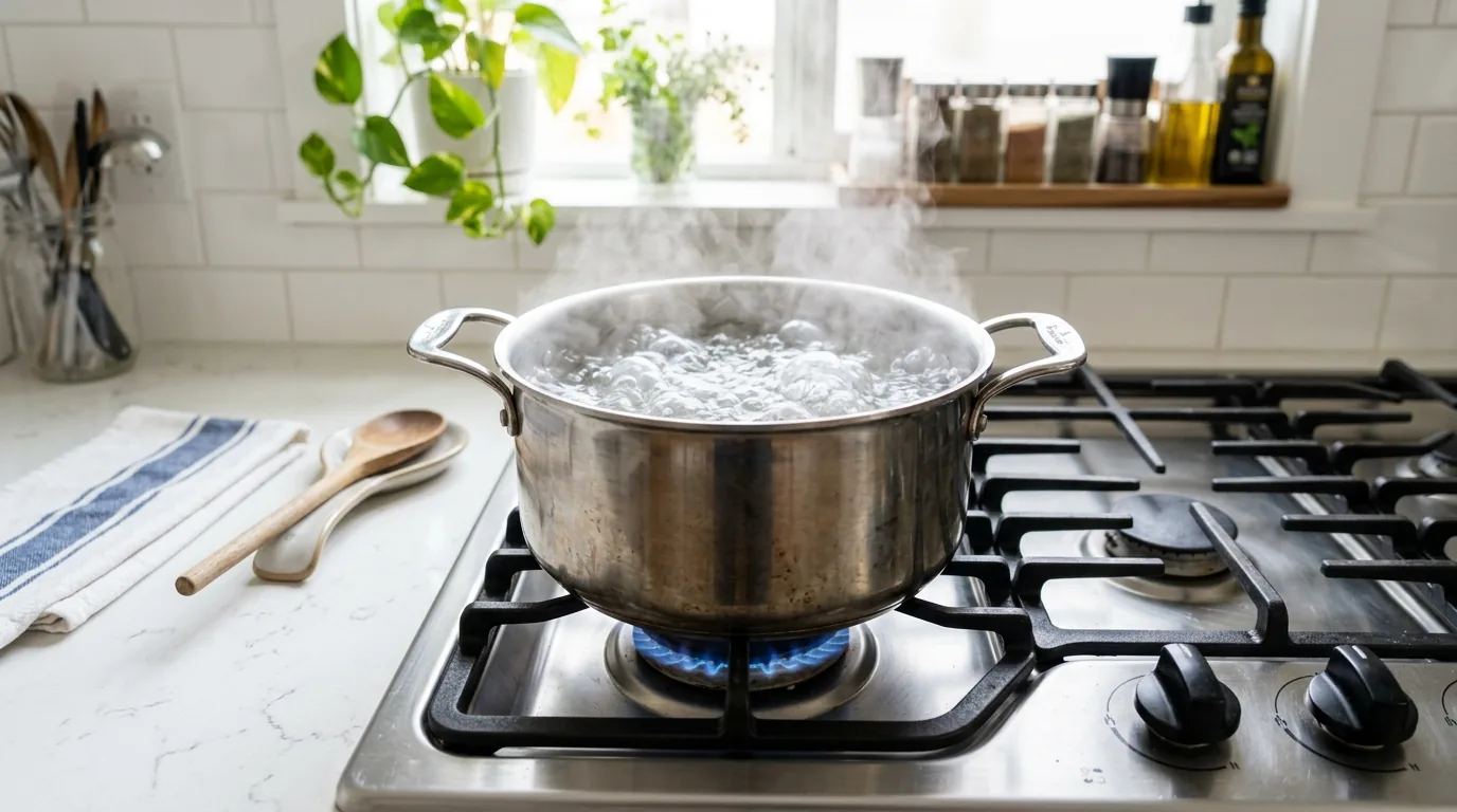 Woman boiling water in a steel pot on a kitchen stove to kill bacteria