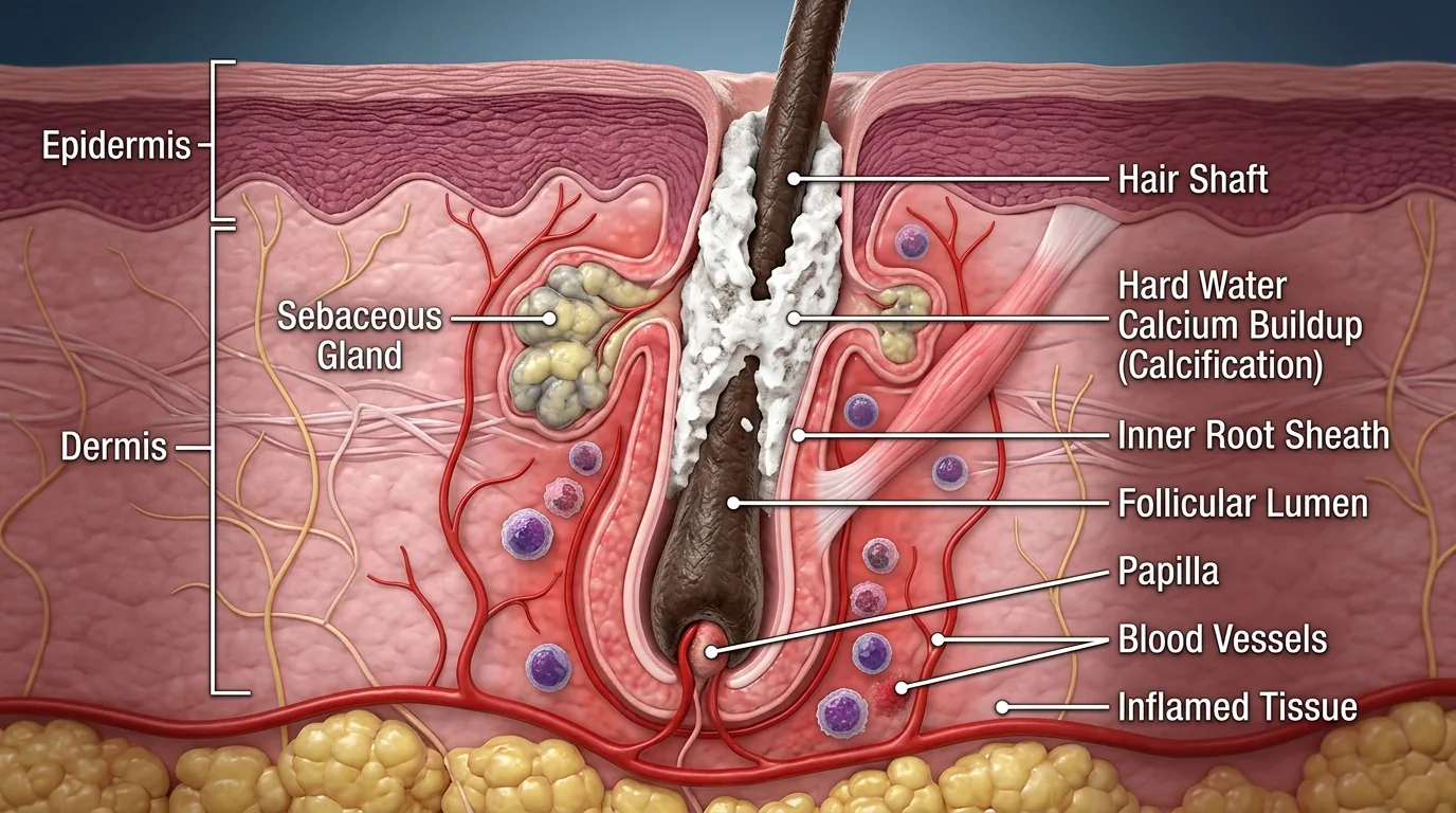 Diagram showing hair follicle damage caused by calcium buildup from hard water